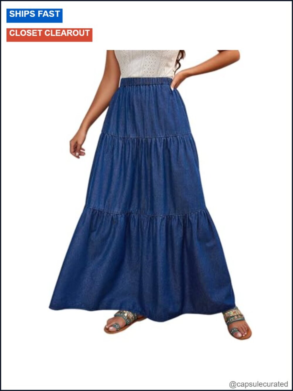 High Waisted Tiered Ruffle Long Denim Maxi Skirt A-Line Flowy Boho
